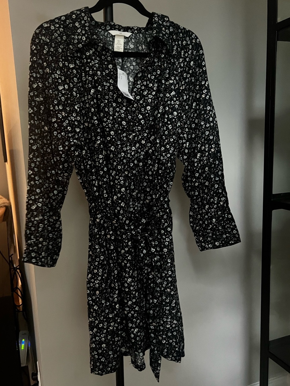 H&M Black Floral Long-Sleeve Tie-Waist Shirt Dress
